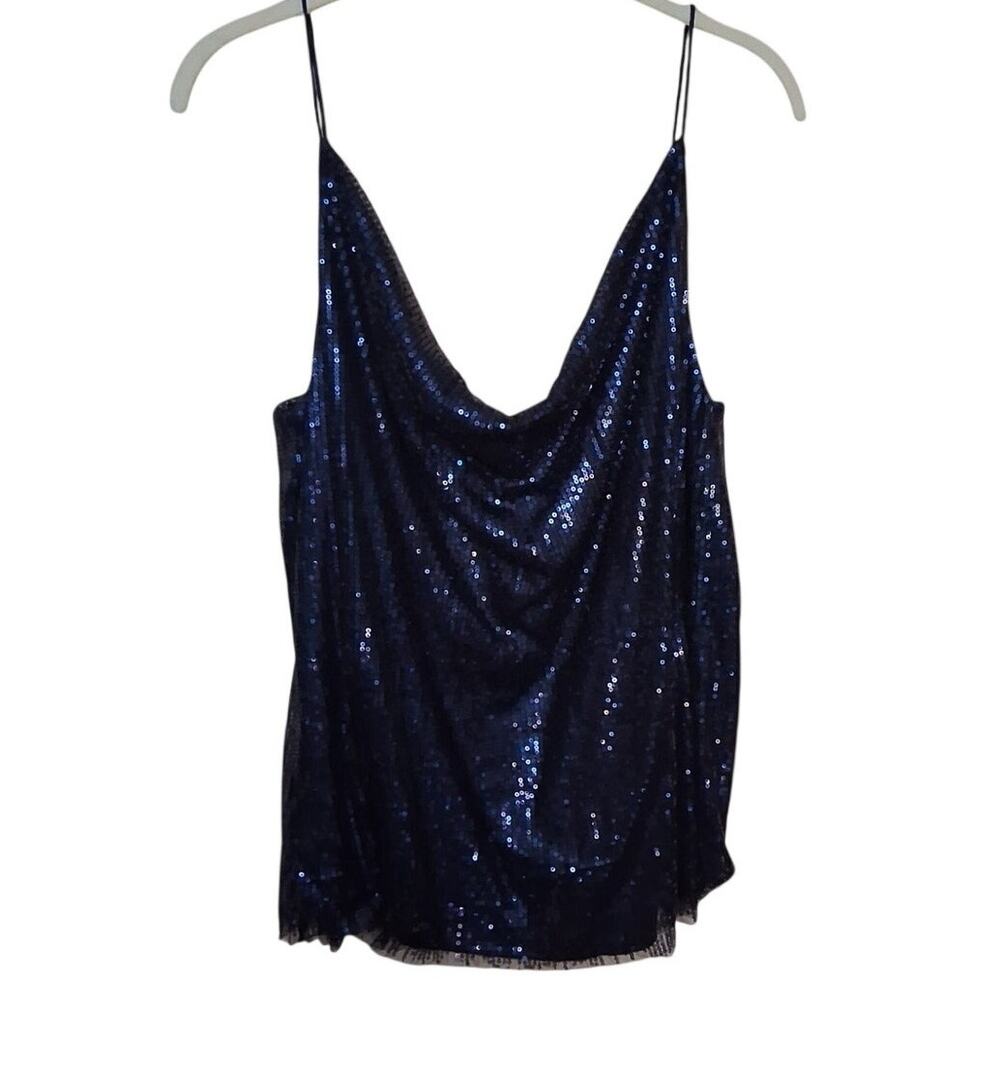 SoSia Navy Sequin Cowl-Neck Camisole Top Women's